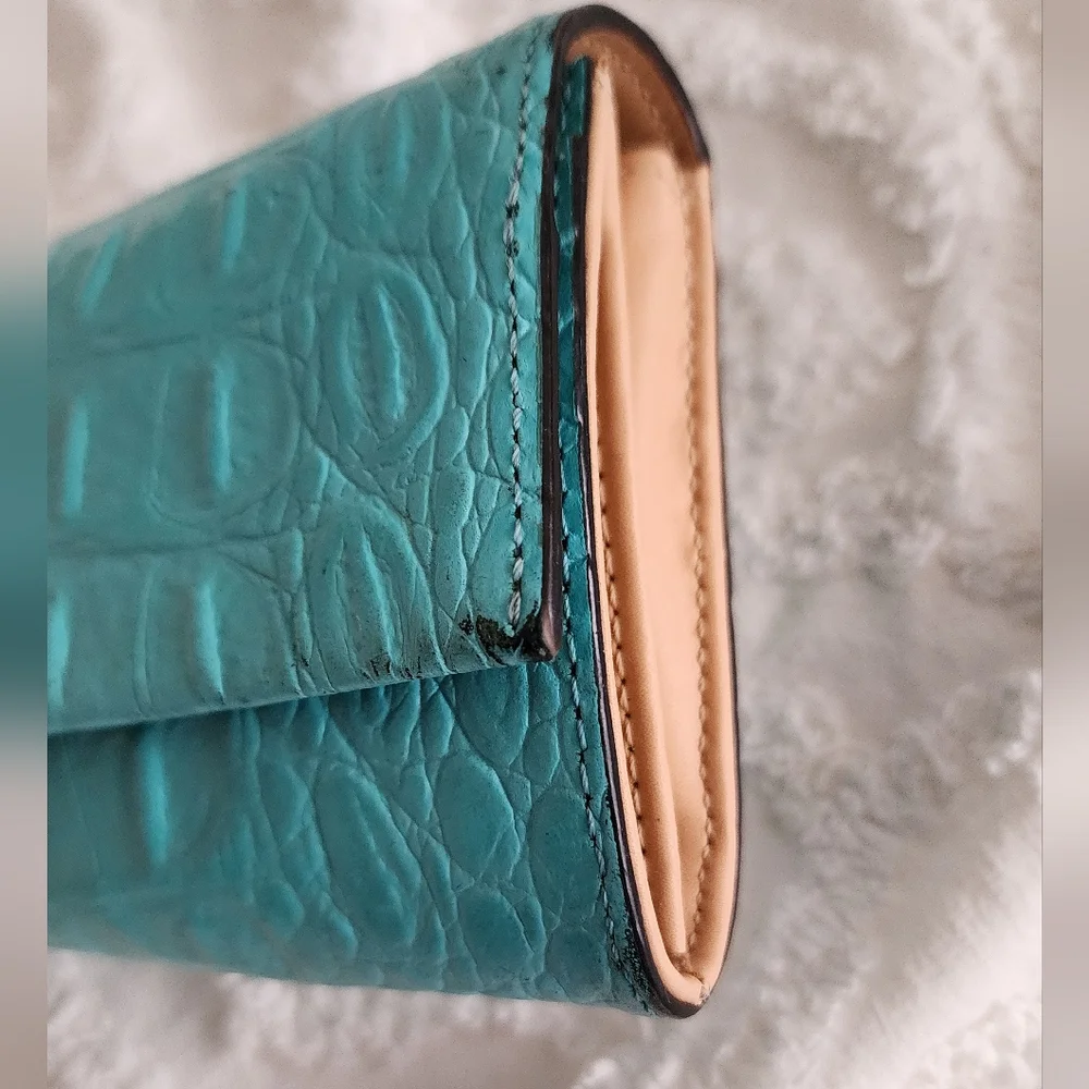 Kate Spade Accordian Flap Leather Wallet Croc Embossed Teal Preppy Chic